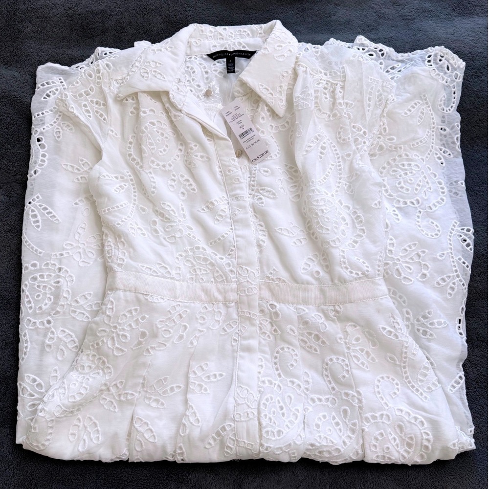 White House Black MarketWhite Eyelet Midi Shirtdress Women 4 NWT Embroidery $20 - Picture 2 of 7